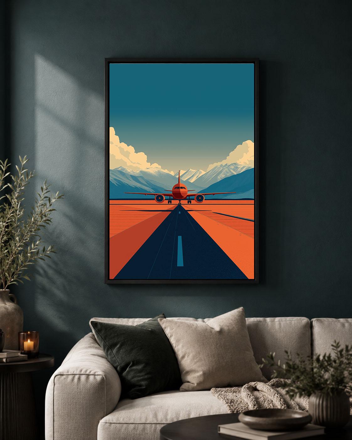 Aeroplane Retro Aviation Orange Passenger Plane Runway Framed Canvas