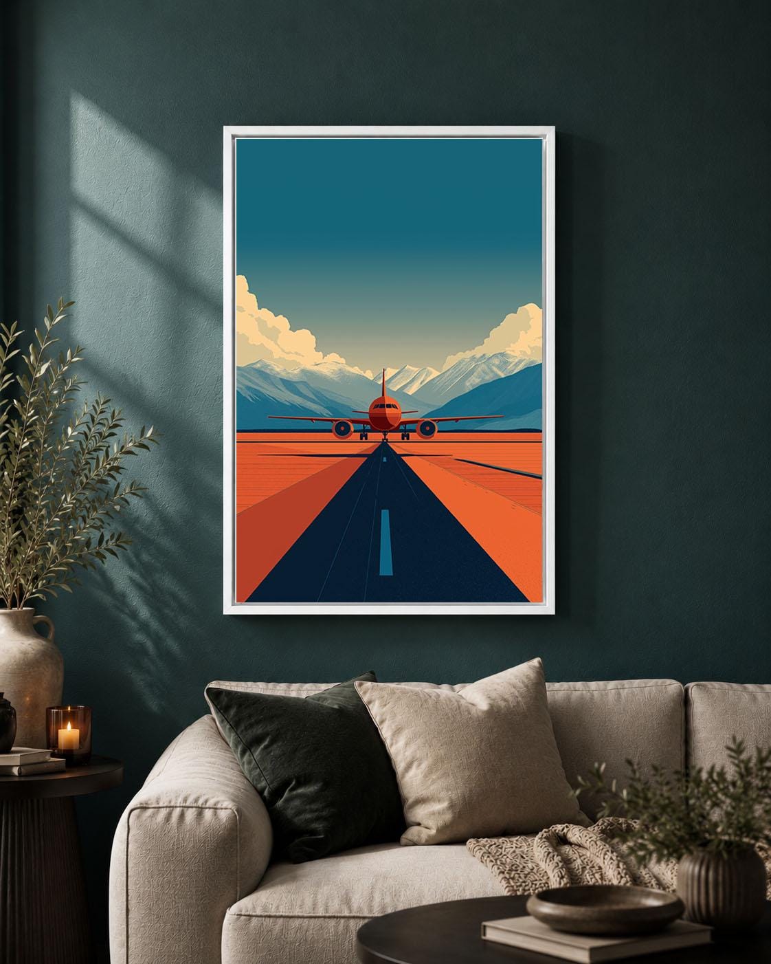 Aeroplane Retro Aviation Orange Passenger Plane Runway Framed Canvas