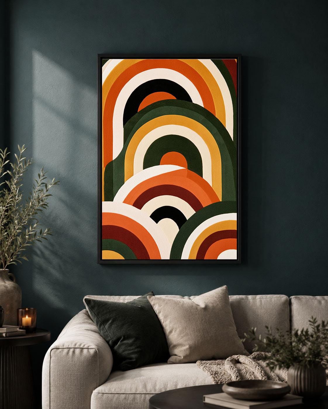 Retro Abstract Mid Century Modern Geometric Rainbow 70s Framed Canvas