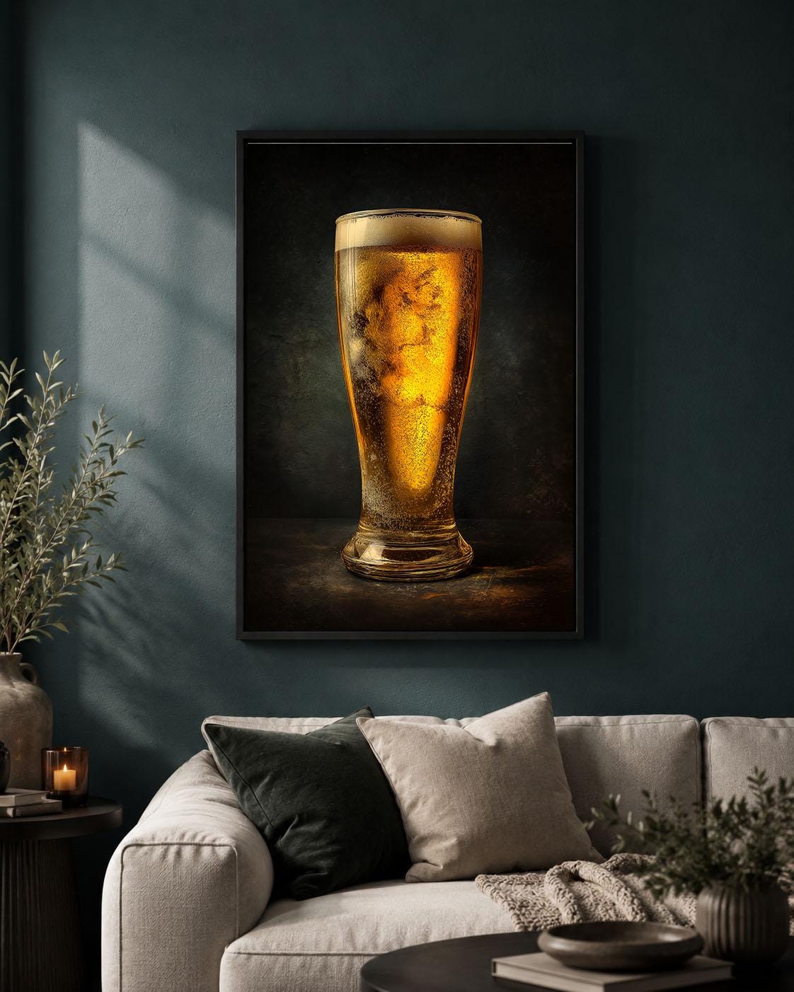 Beer Pint of Lager Dark Moody Bar Decor Framed Canvas