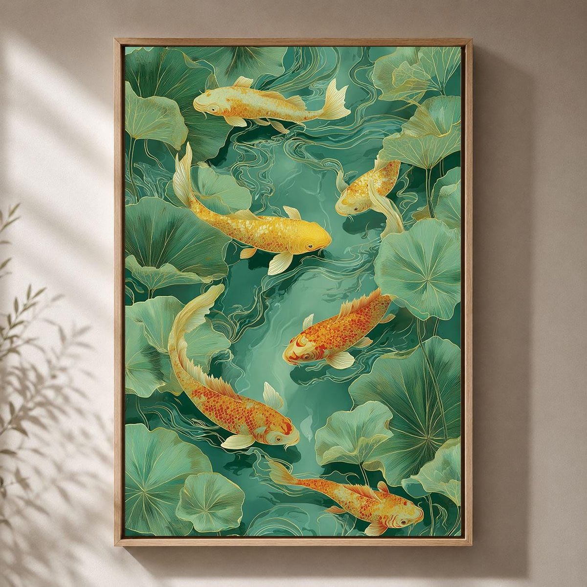 Koi Fish Green and Gold Chinoiserie Oriental Lotus Pond Framed Canvas