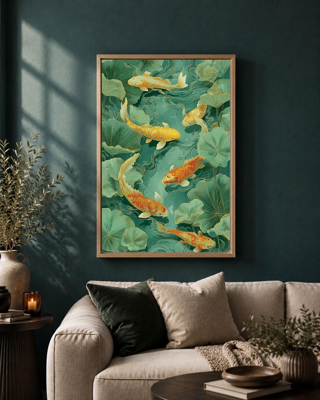 Koi Fish Green and Gold Chinoiserie Oriental Lotus Pond Framed Canvas