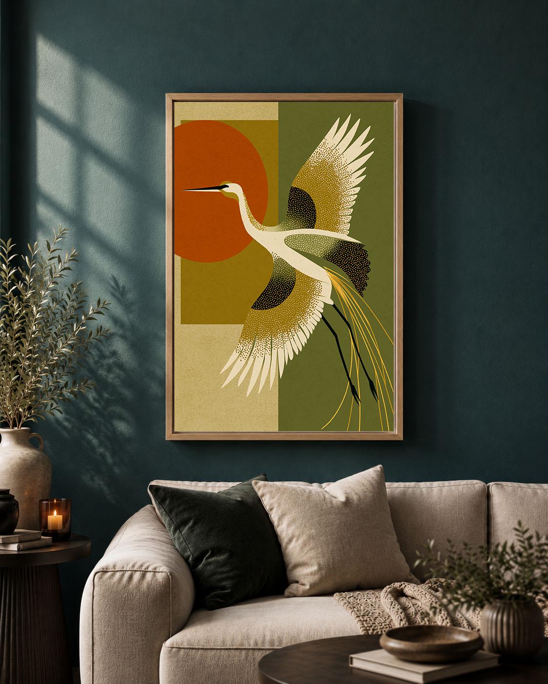 Art Deco Crane Mid Century Modern  Olive Green and Burnt Orange Framed Canvas