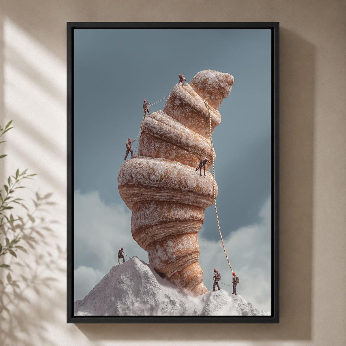 Surreal Croissant Whimsical Mountain Climbing Framed Canvas