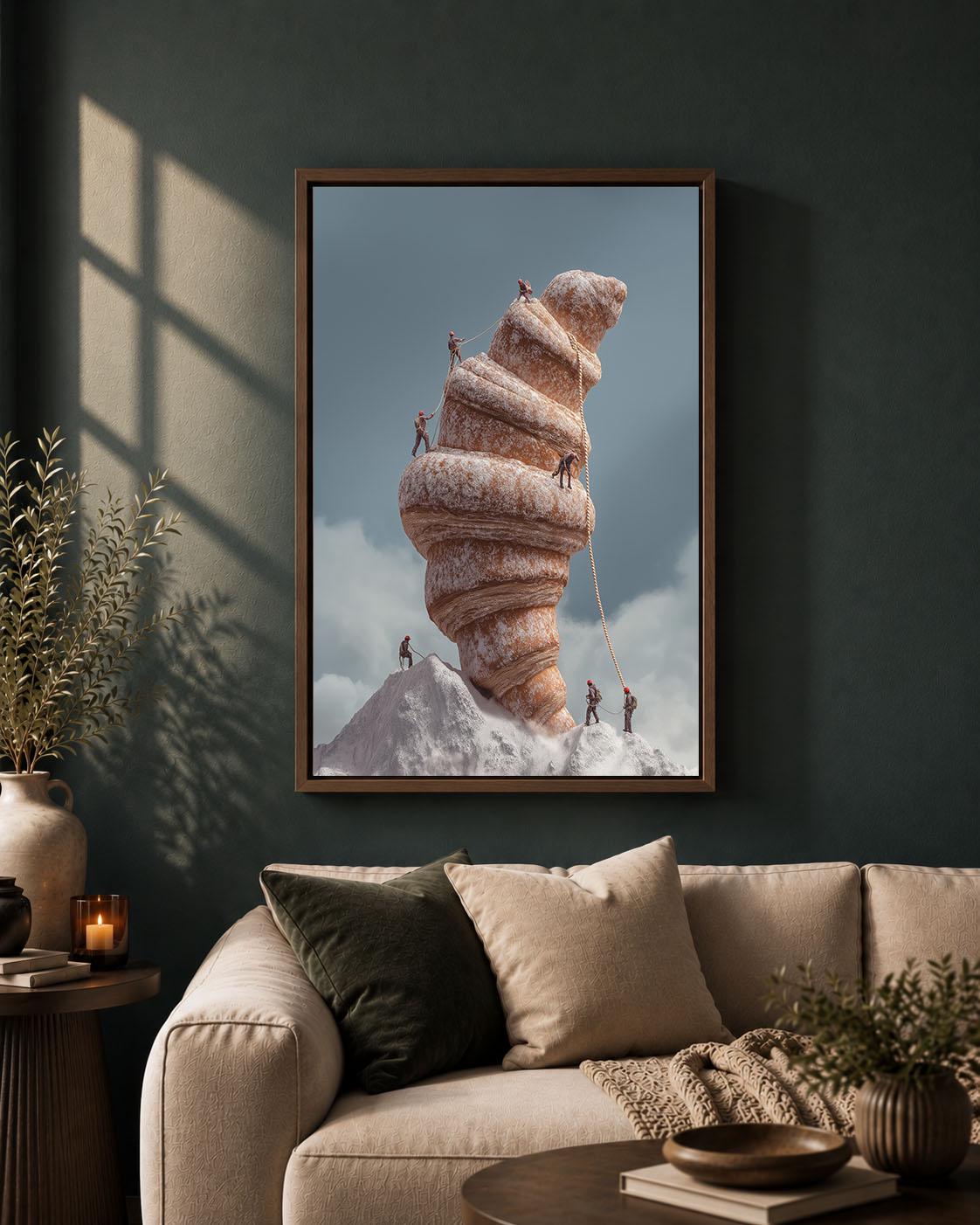 Surreal Croissant Whimsical Mountain Climbing Framed Canvas