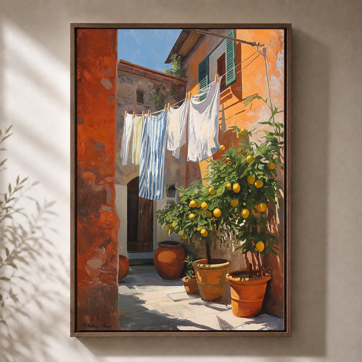 Italian Courtyard Framed Canvas Wall Art, Tuscan Lemon Tree Laundry Scene, Mediterranean Rustic Home Decor by The Wall Art...