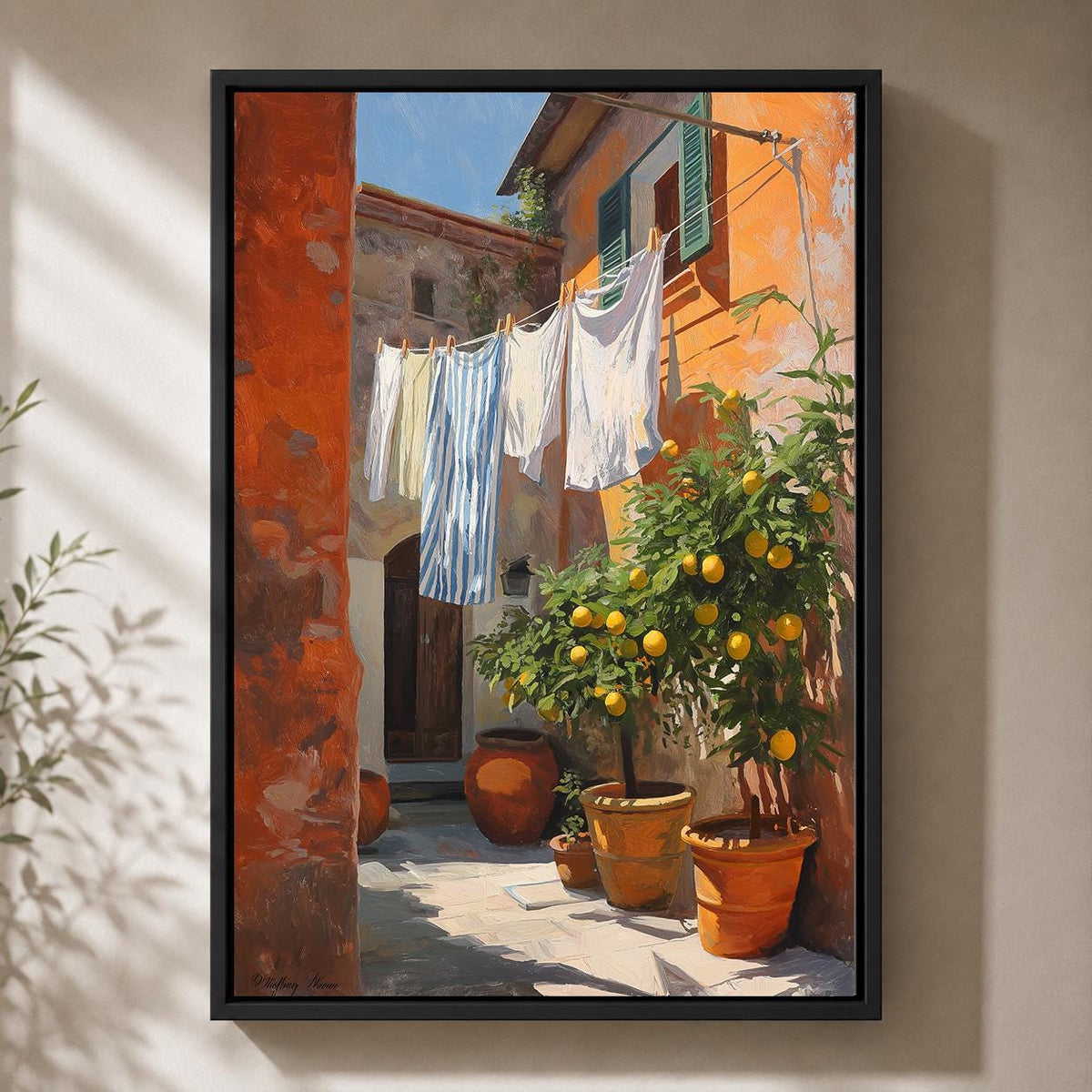 Italian Courtyard Framed Canvas Wall Art, Tuscan Lemon Tree Laundry Scene, Mediterranean Rustic Home Decor by The Wall Art...
