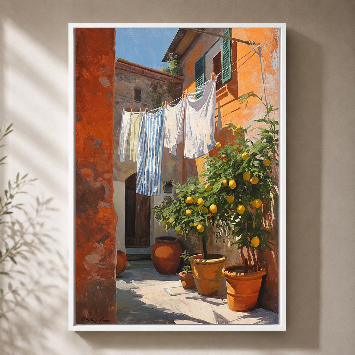Italian Courtyard Framed Canvas Wall Art, Tuscan Lemon Tree Laundry Scene, Mediterranean Rustic Home Decor by The Wall Art...