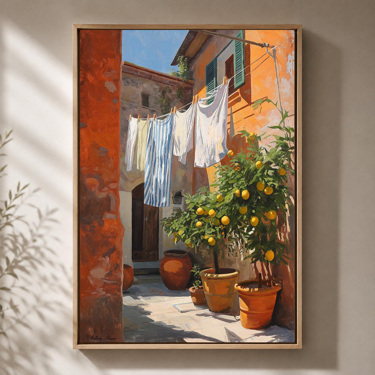 Italian Courtyard Framed Canvas Wall Art, Tuscan Lemon Tree Laundry Scene, Mediterranean Rustic Home Decor by The Wall Art...