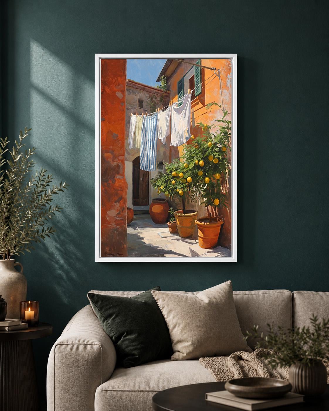 Italian Courtyard Framed Canvas Wall Art, Tuscan Lemon Tree Laundry Scene, Mediterranean Rustic Home Decor by The Wall Art...
