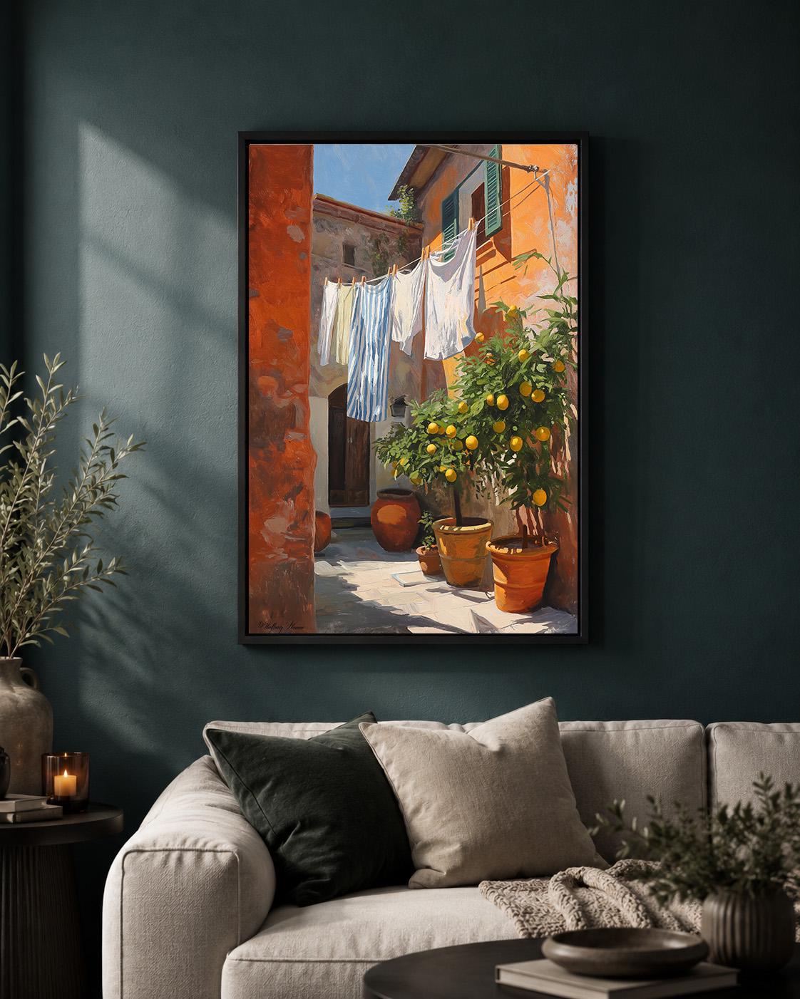 Italian Courtyard Framed Canvas Wall Art, Tuscan Lemon Tree Laundry Scene, Mediterranean Rustic Home Decor by The Wall Art...