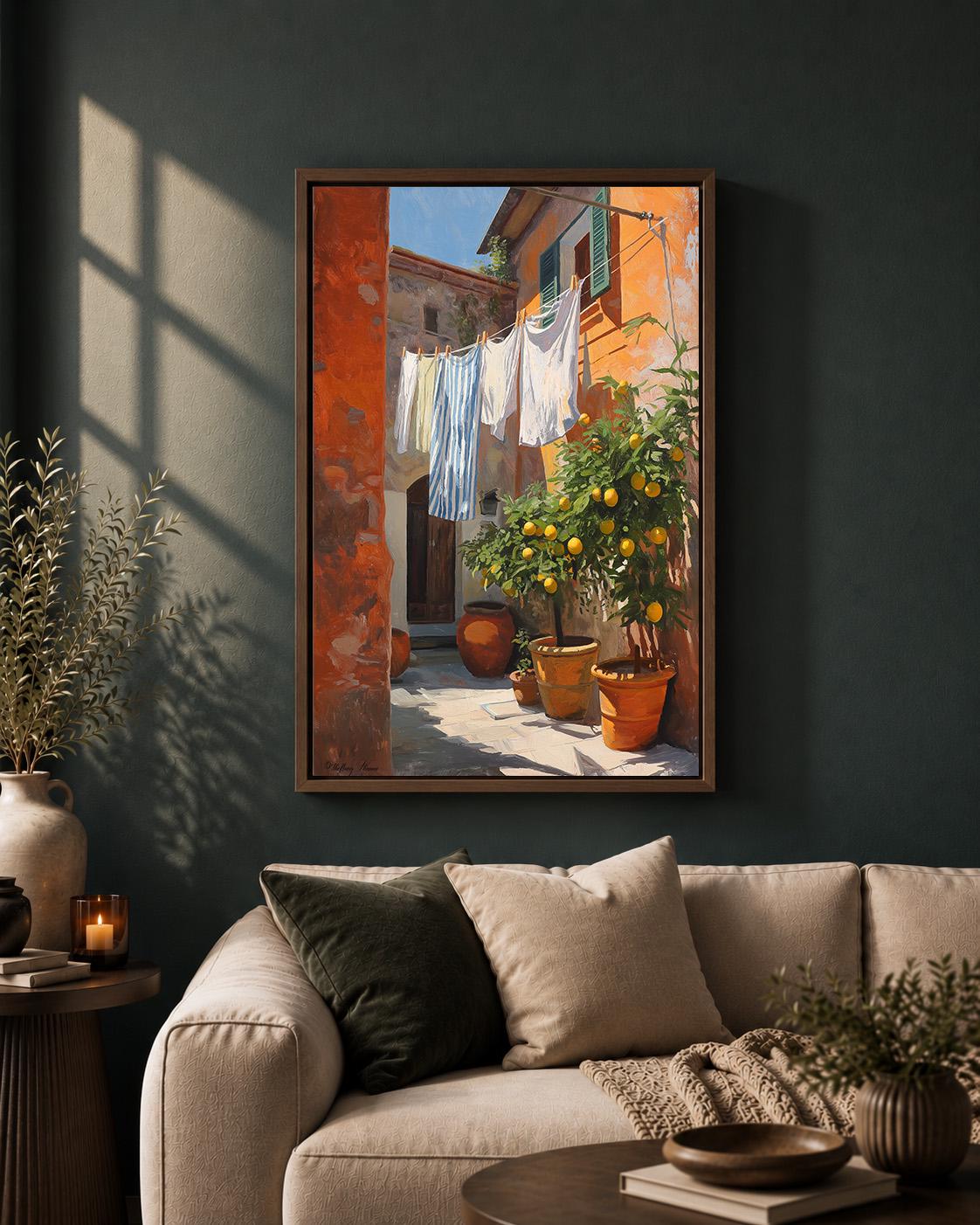 Italian Courtyard Framed Canvas Wall Art, Tuscan Lemon Tree Laundry Scene, Mediterranean Rustic Home Decor by The Wall Art...