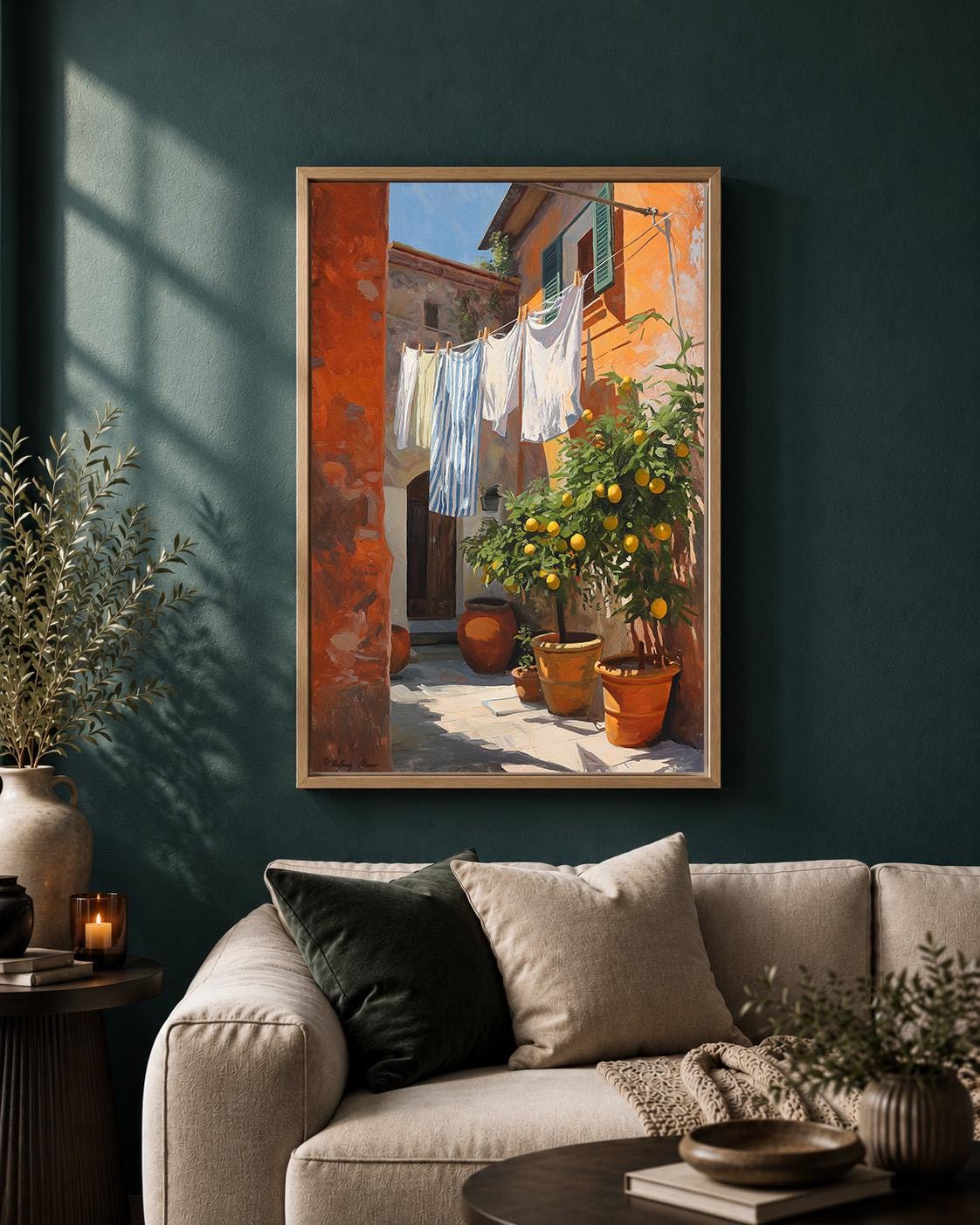 Italian Courtyard Framed Canvas Wall Art, Tuscan Lemon Tree Laundry Scene, Mediterranean Rustic Home Decor by The Wall Art...