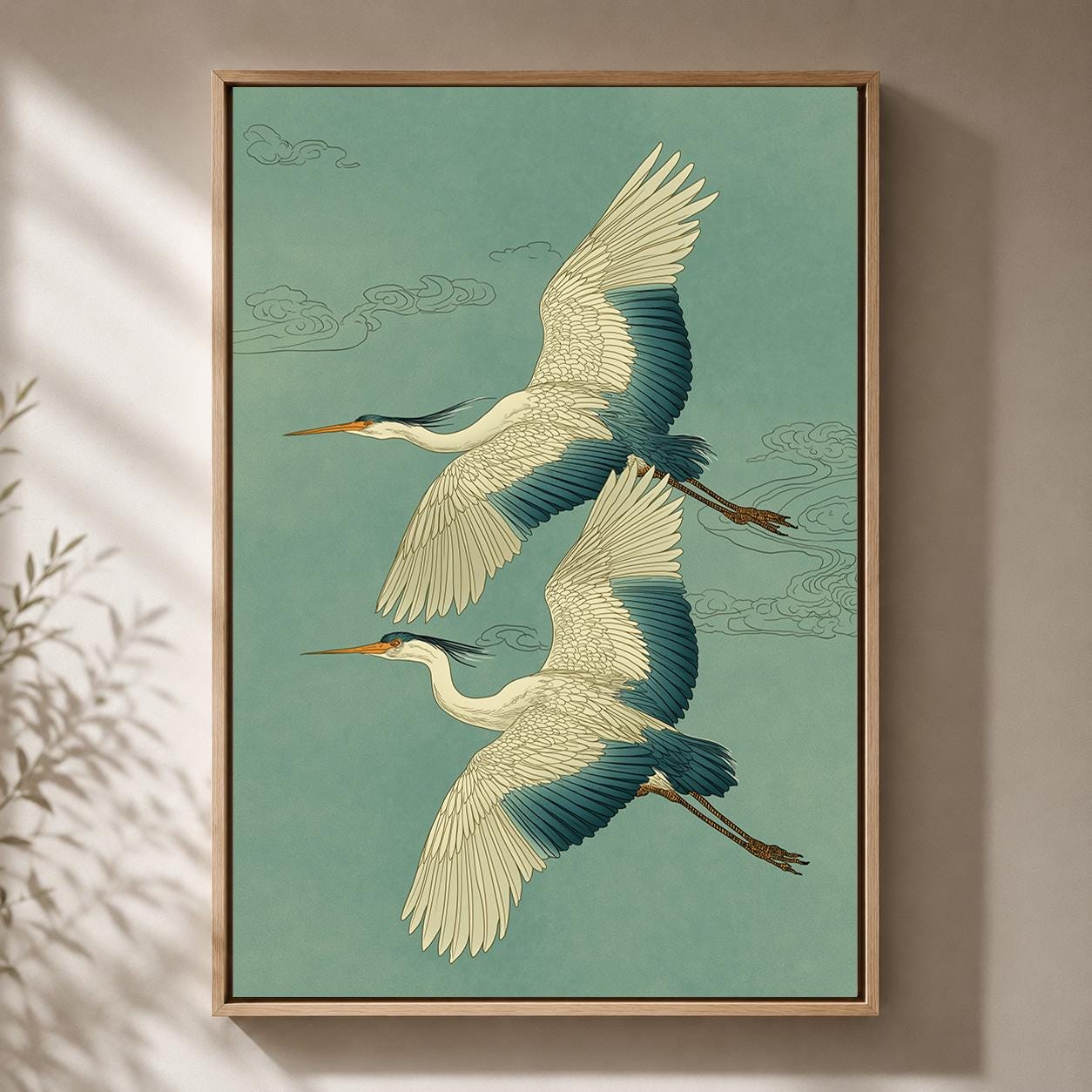 Japanese Crane Framed Canvas, Vintage Asian Bird Print, Sage Green Japandi Decor by The Wall Art Studio - physical
