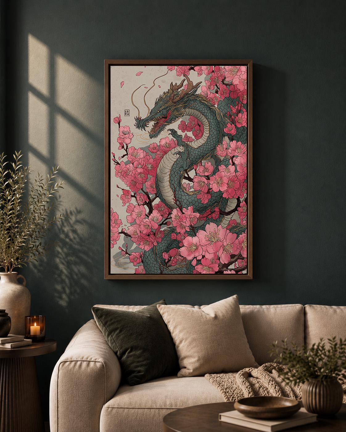 Japanese Dragon Cherry Blossom Framed Canvas Art, Oriental Fantasy Sakura Print by The Wall Art Studio - physical
