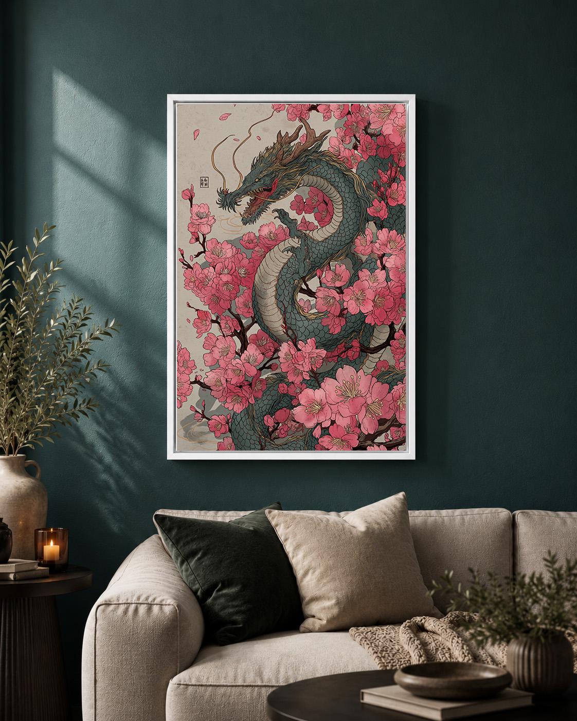 Japanese Dragon Cherry Blossom Framed Canvas Art, Oriental Fantasy Sakura Print by The Wall Art Studio - physical