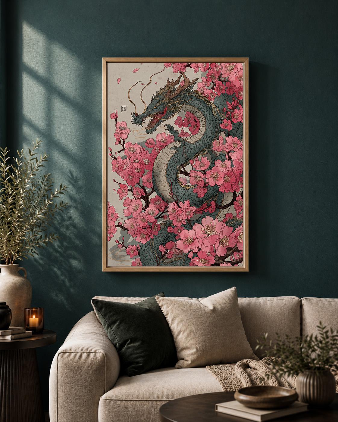 Japanese Dragon Cherry Blossom Framed Canvas Art, Oriental Fantasy Sakura Print by The Wall Art Studio - physical