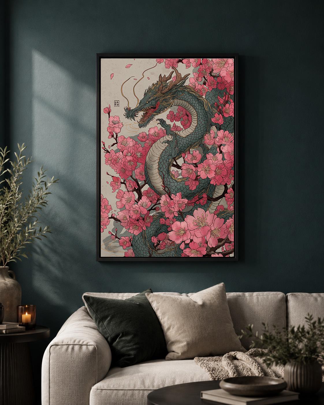 Japanese Dragon Cherry Blossom Framed Canvas Art, Oriental Fantasy Sakura Print by The Wall Art Studio - physical