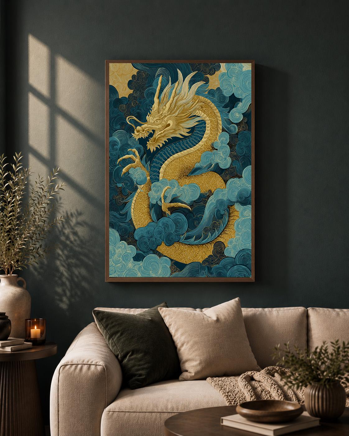 Japanese Dragon Framed Canvas Art, Blue Gold Oriental Mythology Print, Asian Decor by The Wall Art Studio - physical