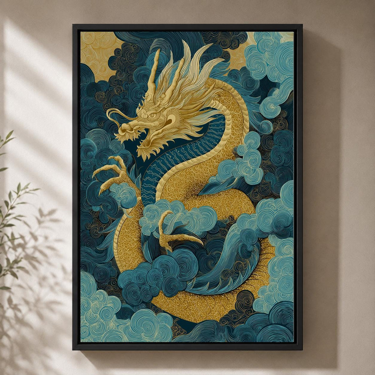 Japanese Dragon Framed Canvas Art, Blue Gold Oriental Mythology Print, Asian Decor by The Wall Art Studio - physical