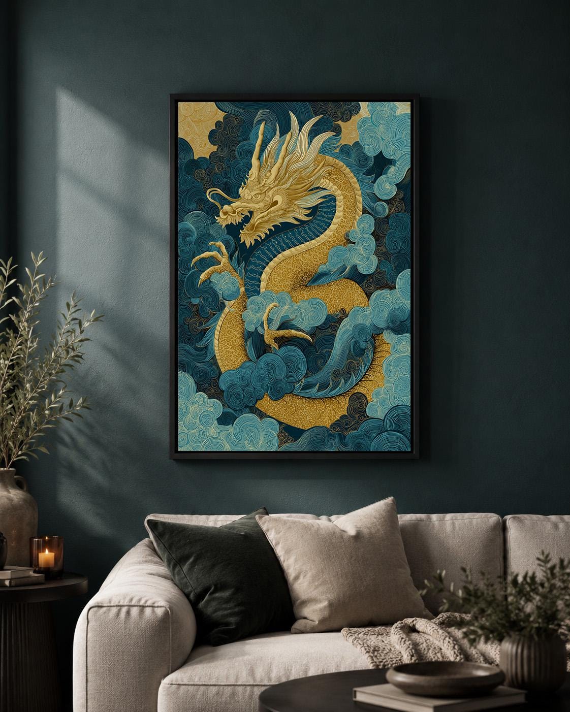 Japanese Dragon Framed Canvas Art, Blue Gold Oriental Mythology Print, Asian Decor by The Wall Art Studio - physical