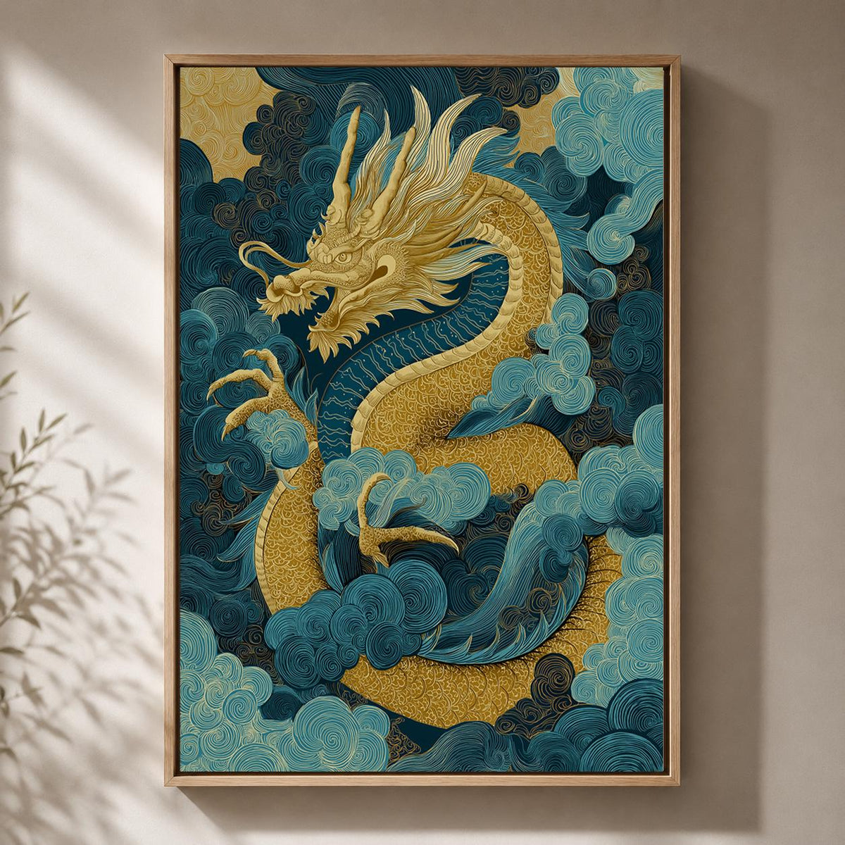 Japanese Dragon Framed Canvas Art, Blue Gold Oriental Mythology Print, Asian Decor by The Wall Art Studio - physical