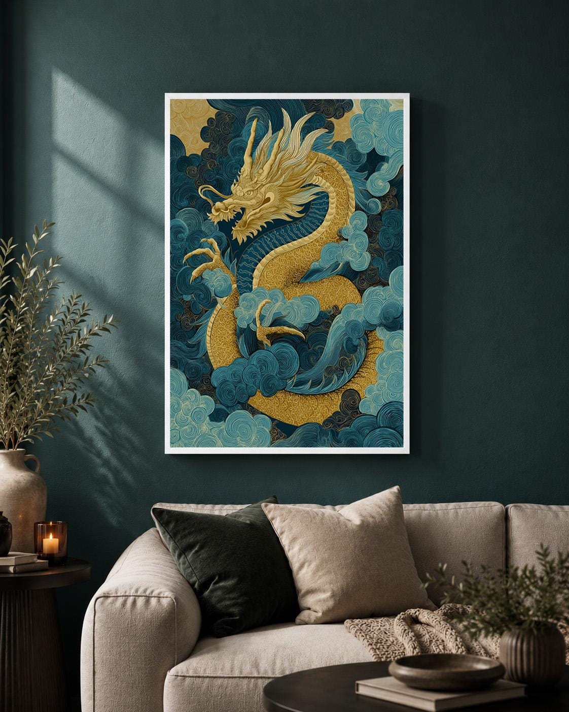 Japanese Dragon Framed Canvas Art, Blue Gold Oriental Mythology Print, Asian Decor by The Wall Art Studio - physical