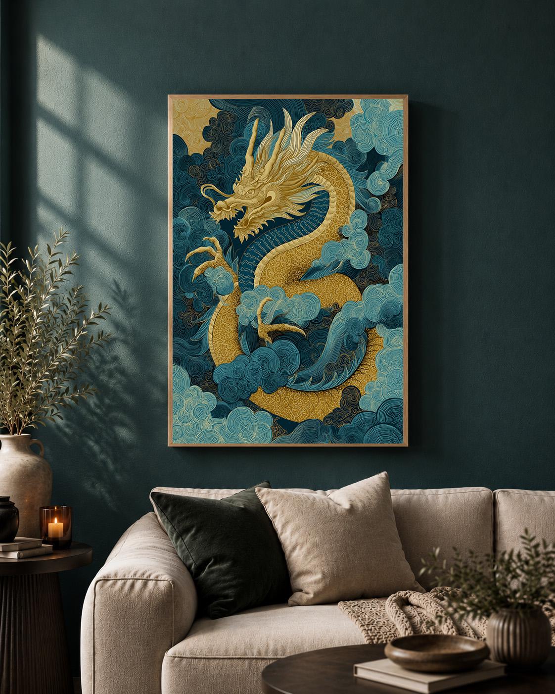 Japanese Dragon Framed Canvas Art, Blue Gold Oriental Mythology Print, Asian Decor by The Wall Art Studio - physical