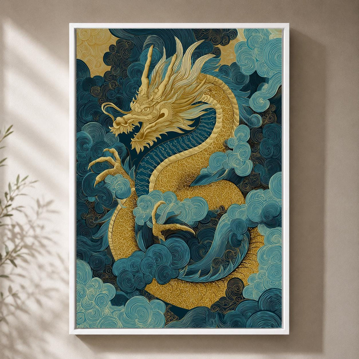 Japanese Dragon Framed Canvas Art, Blue Gold Oriental Mythology Print, Asian Decor by The Wall Art Studio - physical