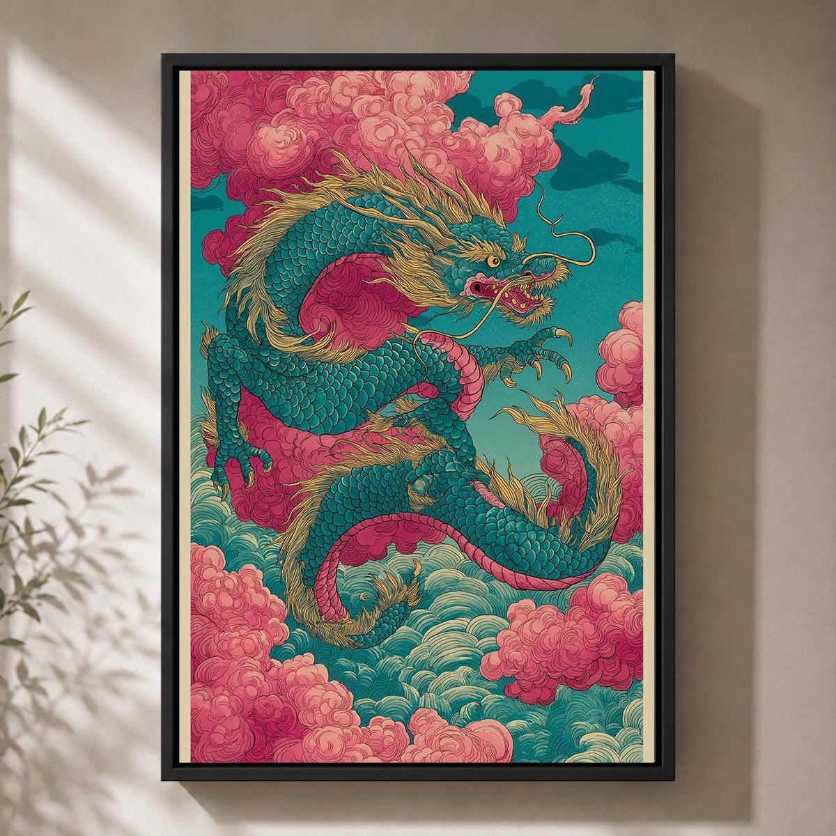 Japanese Dragon Framed Canvas Art, Oriental Mythical Wall Decor, Fantasy Asian Print by The Wall Art Studio - physical