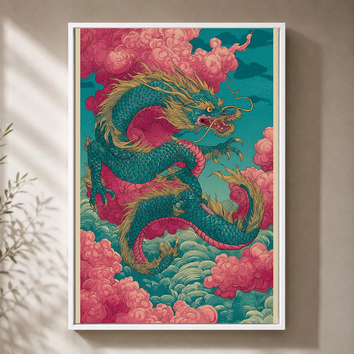 Japanese Dragon Framed Canvas Art, Oriental Mythical Wall Decor, Fantasy Asian Print by The Wall Art Studio - physical
