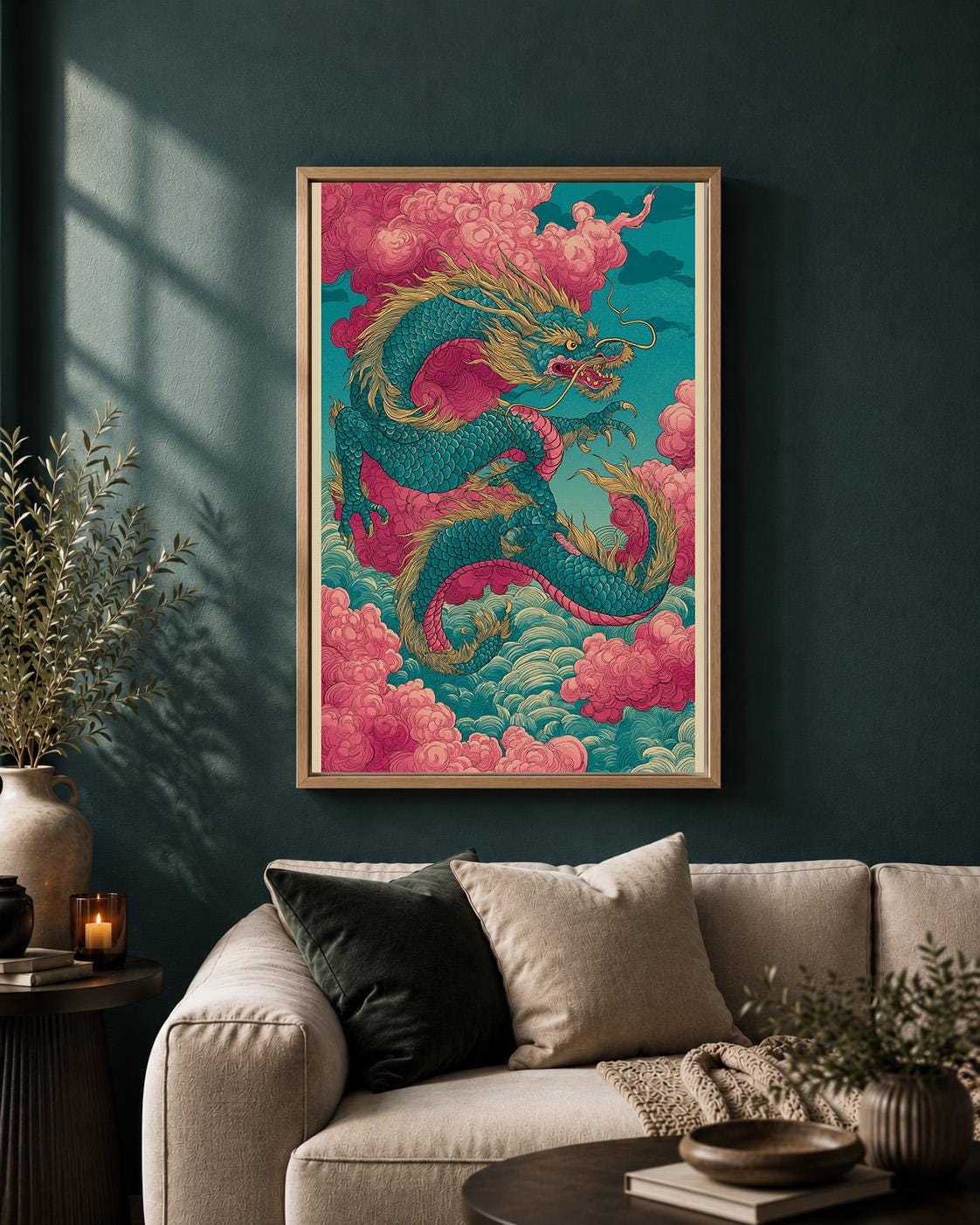 Japanese Dragon Framed Canvas Art, Oriental Mythical Wall Decor, Fantasy Asian Print by The Wall Art Studio - physical