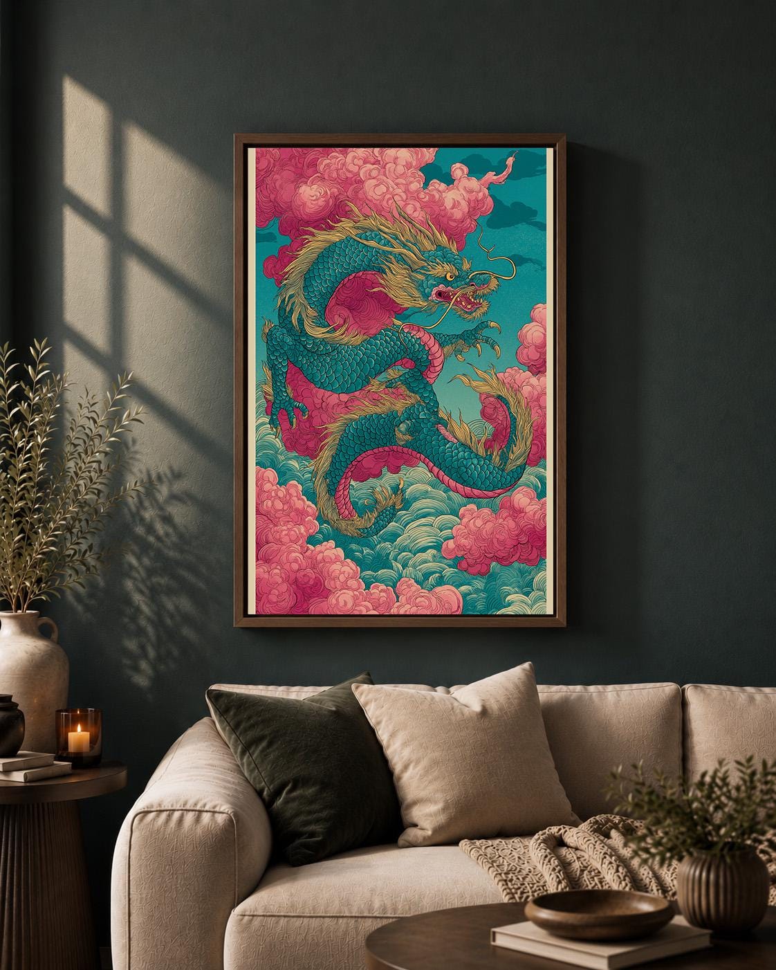 Japanese Dragon Framed Canvas Art, Oriental Mythical Wall Decor, Fantasy Asian Print by The Wall Art Studio - physical