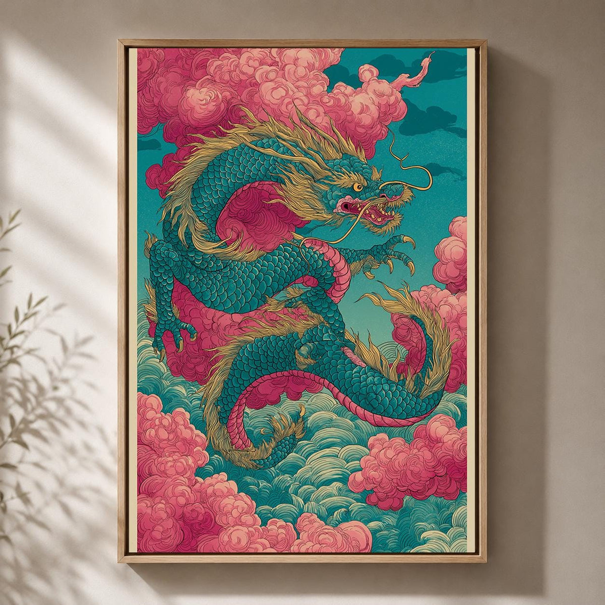Japanese Dragon Framed Canvas Art, Oriental Mythical Wall Decor, Fantasy Asian Print by The Wall Art Studio - physical