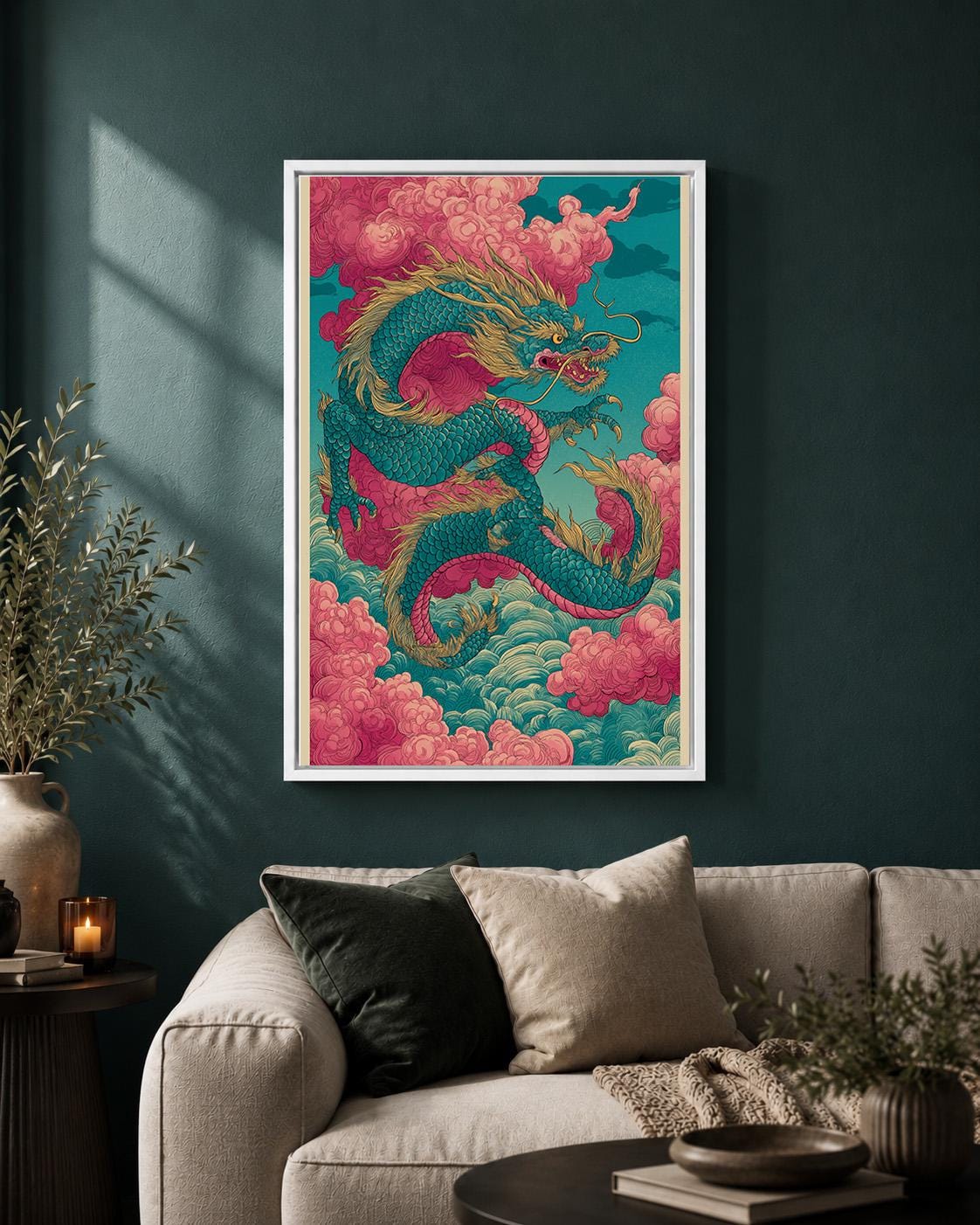 Japanese Dragon Framed Canvas Art, Oriental Mythical Wall Decor, Fantasy Asian Print by The Wall Art Studio - physical