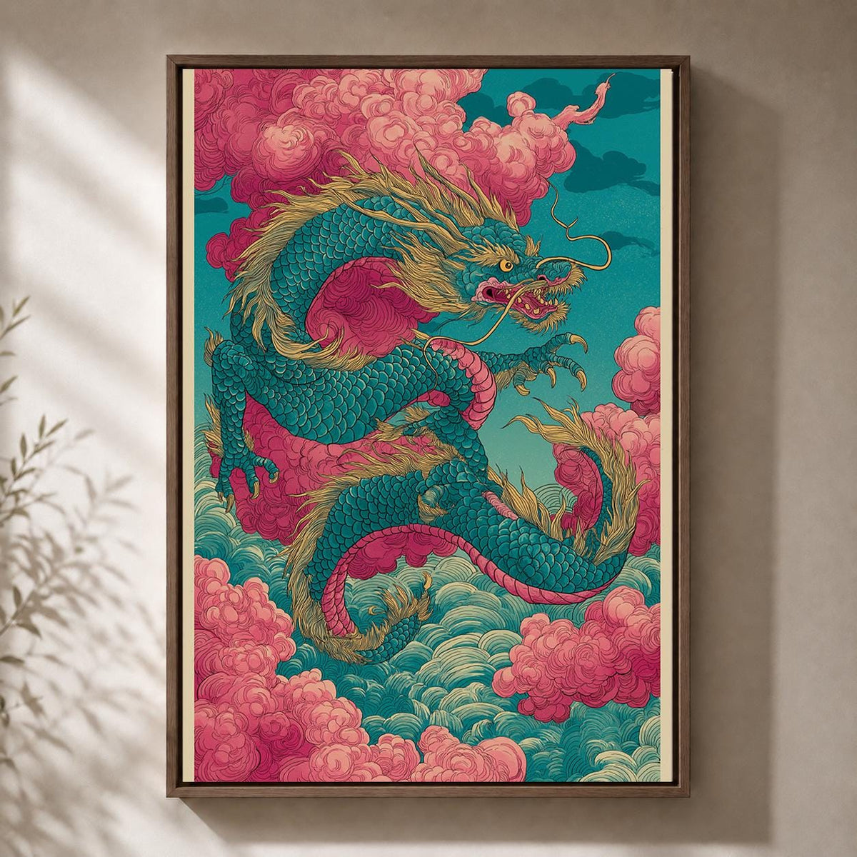 Japanese Dragon Framed Canvas Art, Oriental Mythical Wall Decor, Fantasy Asian Print by The Wall Art Studio - physical