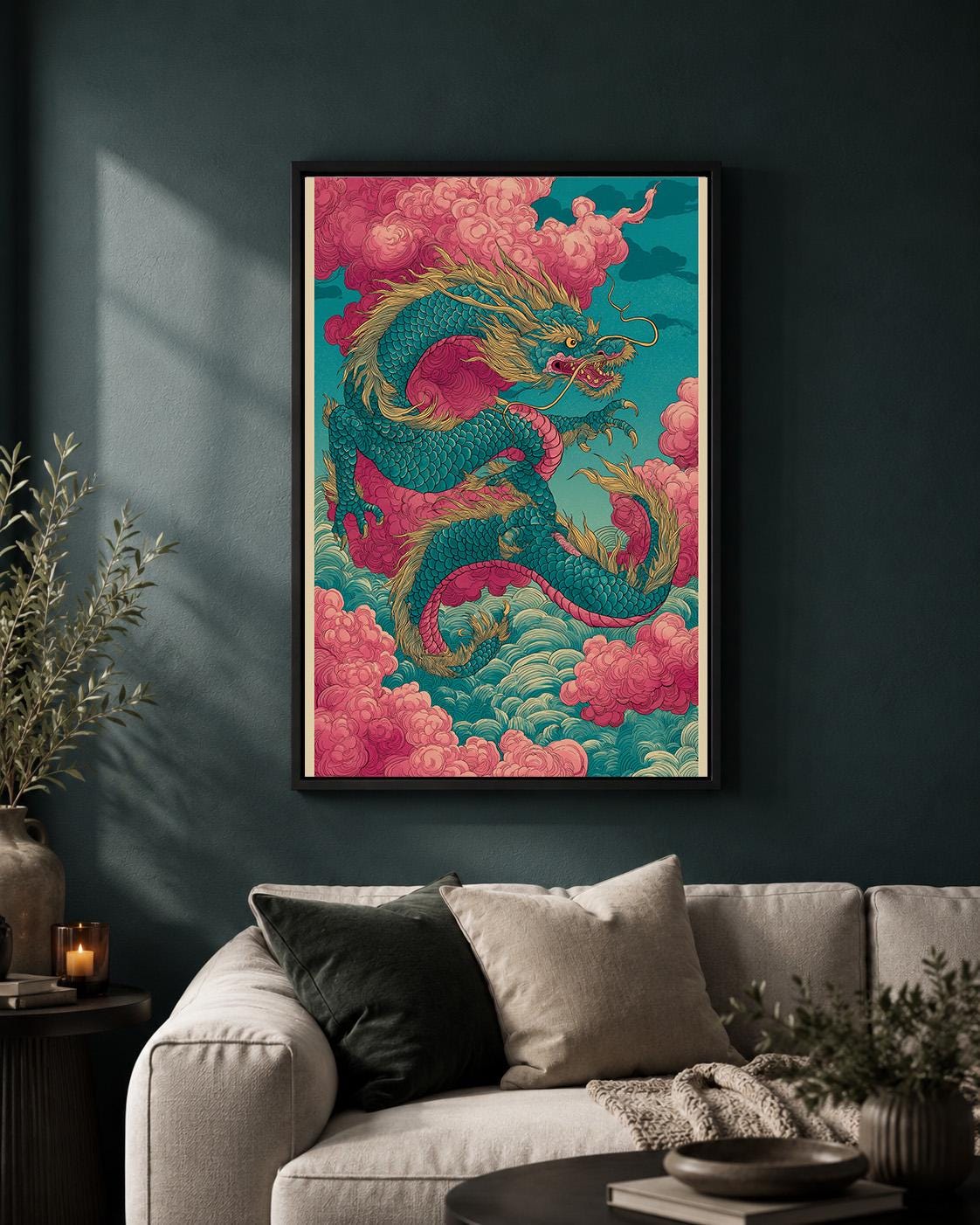 Japanese Dragon Framed Canvas Art, Oriental Mythical Wall Decor, Fantasy Asian Print by The Wall Art Studio - physical
