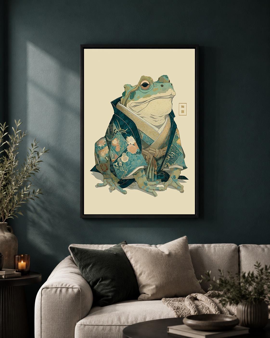 Japanese Frog Samurai Framed Canvas Art, Whimsical Toad Portrait Print, Japandi Decor by The Wall Art Studio - physical