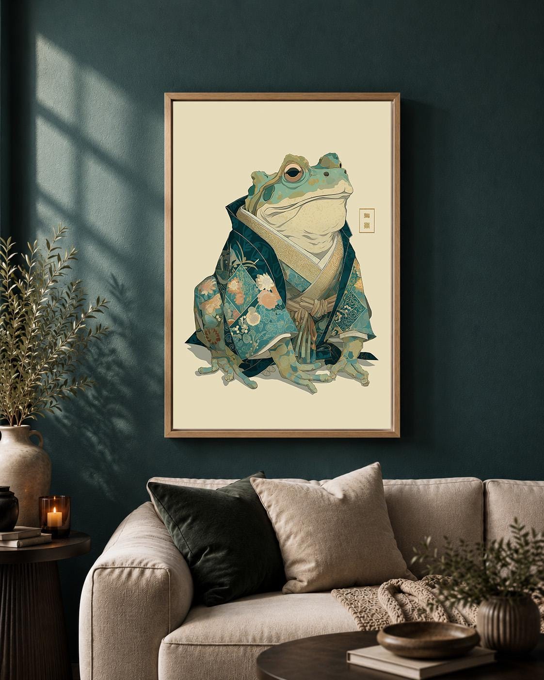 Japanese Frog Samurai Framed Canvas Art, Whimsical Toad Portrait Print, Japandi Decor by The Wall Art Studio - physical