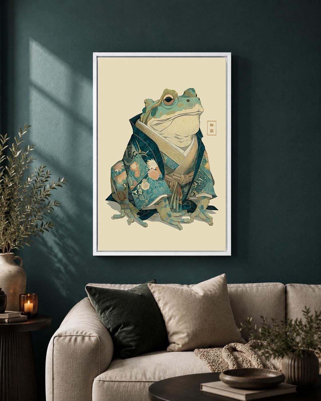 Japanese Frog Samurai Framed Canvas Art, Whimsical Toad Portrait Print, Japandi Decor by The Wall Art Studio - physical