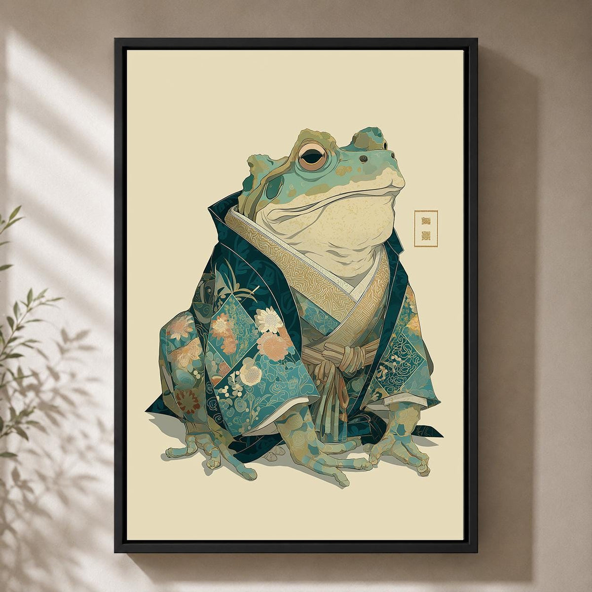 Japanese Frog Samurai Framed Canvas Art, Whimsical Toad Portrait Print, Japandi Decor by The Wall Art Studio - physical