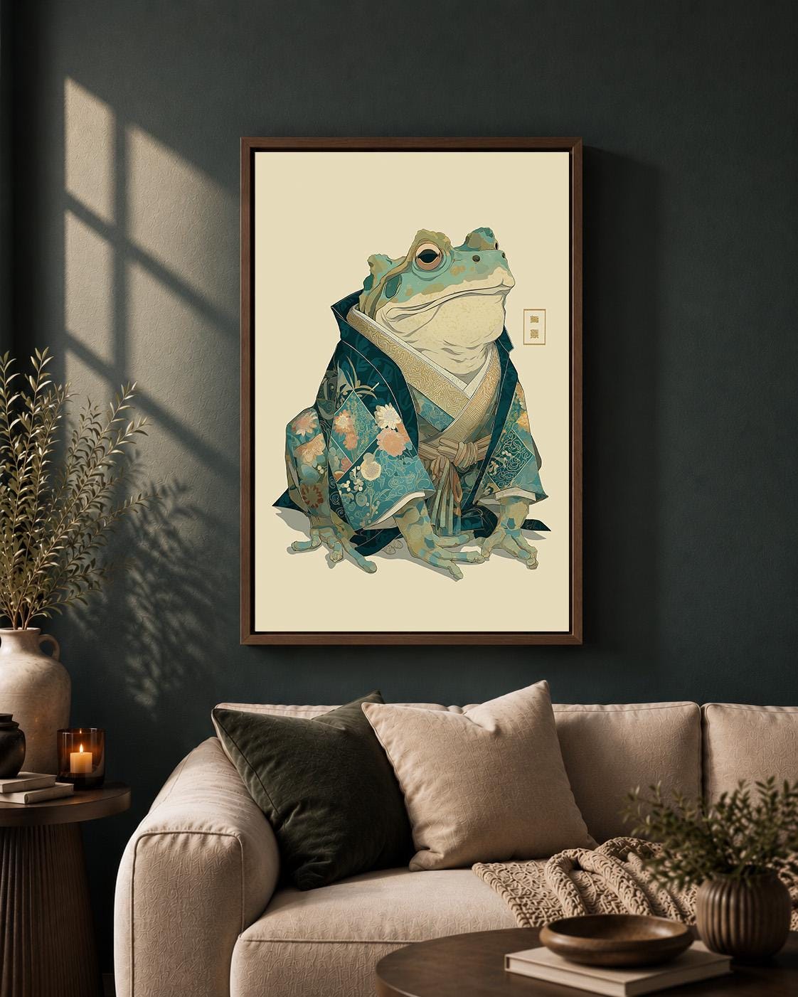 Japanese Frog Samurai Framed Canvas Art, Whimsical Toad Portrait Print, Japandi Decor by The Wall Art Studio - physical