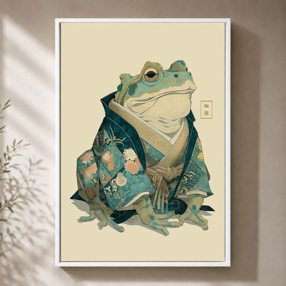 Japanese Frog Samurai Framed Canvas Art, Whimsical Toad Portrait Print, Japandi Decor by The Wall Art Studio - physical