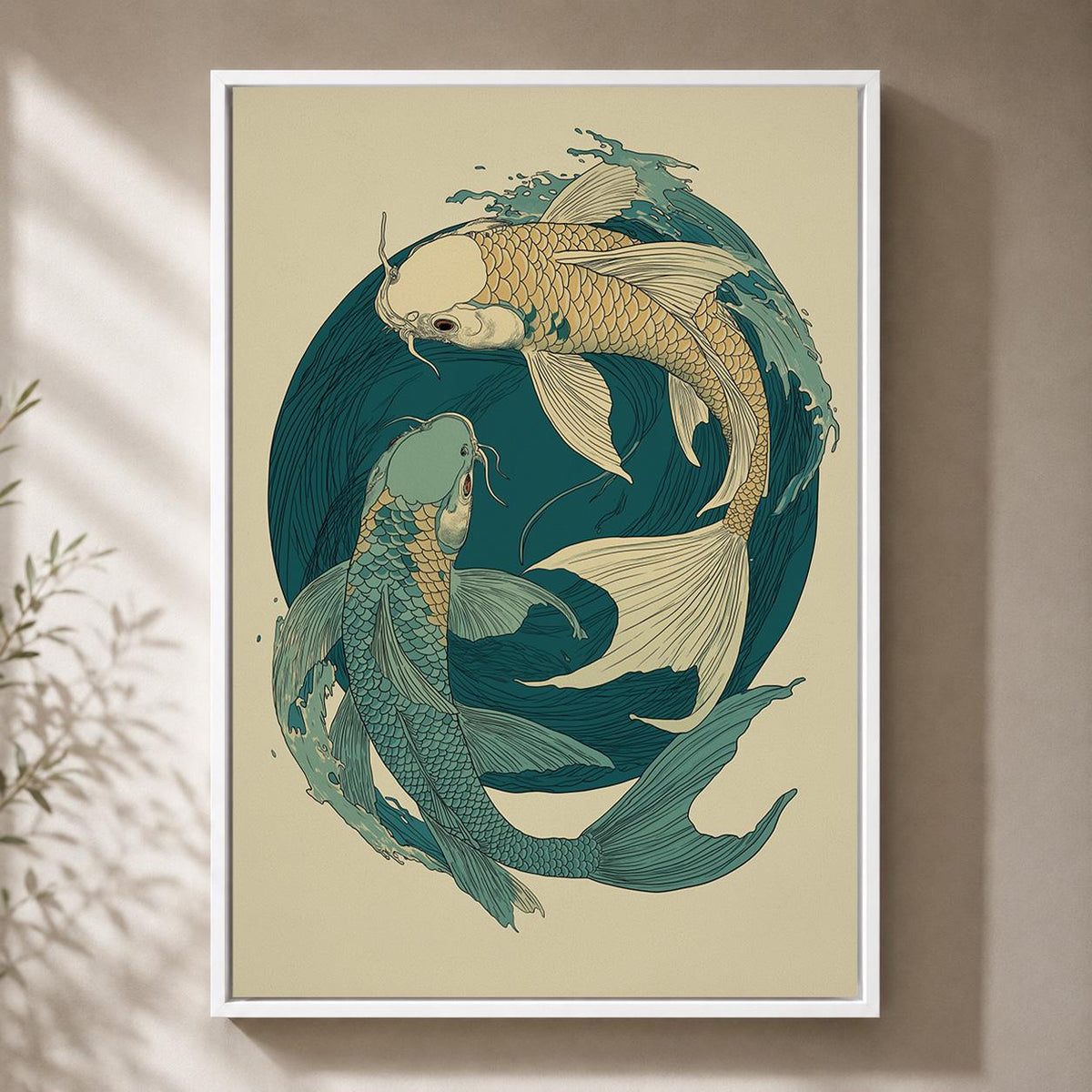 Japanese Koi Fish Framed Canvas Art, Teal Yin Yang Ocean Print, Zen Japandi Decor by The Wall Art Studio - physical