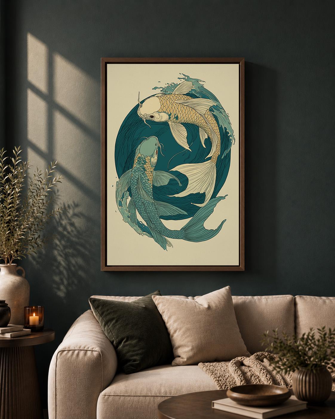 Japanese Koi Fish Framed Canvas Art, Teal Yin Yang Ocean Print, Zen Japandi Decor by The Wall Art Studio - physical
