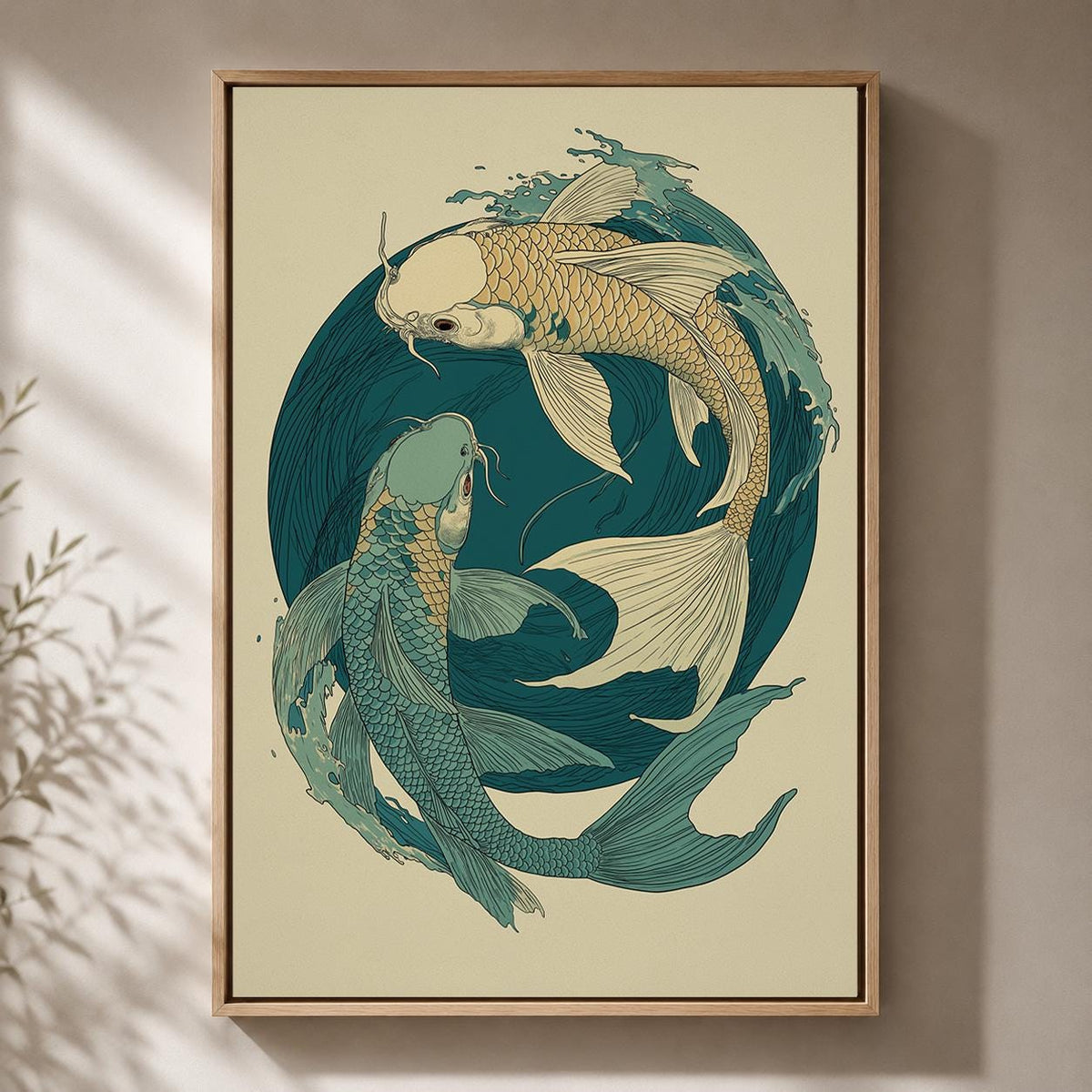 Japanese Koi Fish Framed Canvas Art, Teal Yin Yang Ocean Print, Zen Japandi Decor by The Wall Art Studio - physical