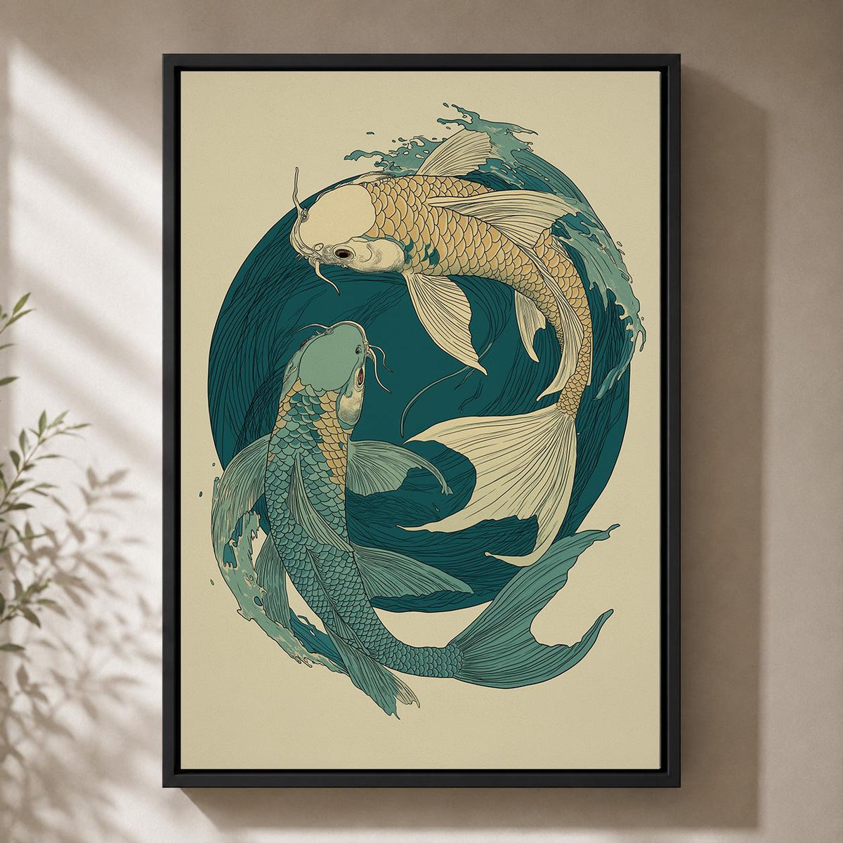 Japanese Koi Fish Framed Canvas Art, Teal Yin Yang Ocean Print, Zen Japandi Decor by The Wall Art Studio - physical
