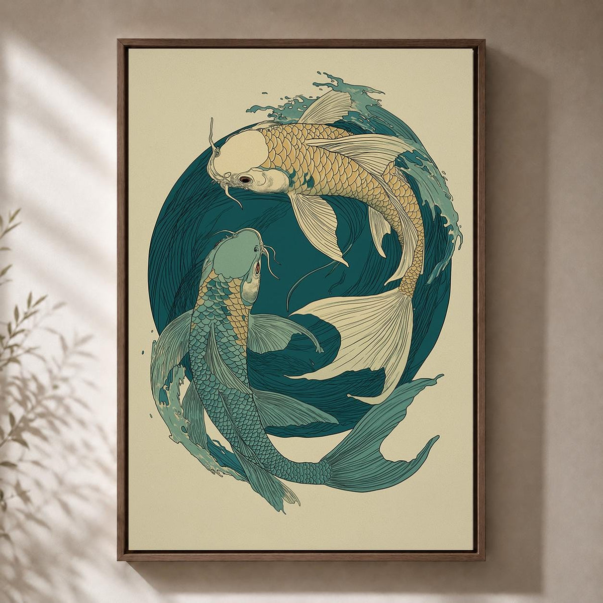 Japanese Koi Fish Framed Canvas Art, Teal Yin Yang Ocean Print, Zen Japandi Decor by The Wall Art Studio - physical