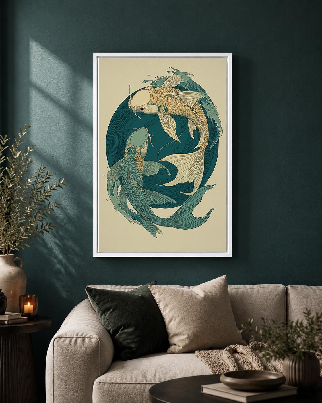 Japanese Koi Fish Framed Canvas Art, Teal Yin Yang Ocean Print, Zen Japandi Decor by The Wall Art Studio - physical