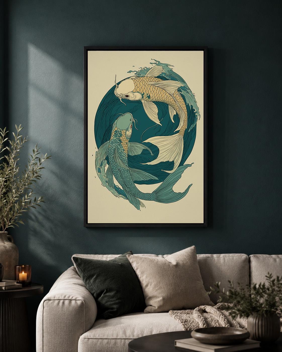 Japanese Koi Fish Framed Canvas Art, Teal Yin Yang Ocean Print, Zen Japandi Decor by The Wall Art Studio - physical